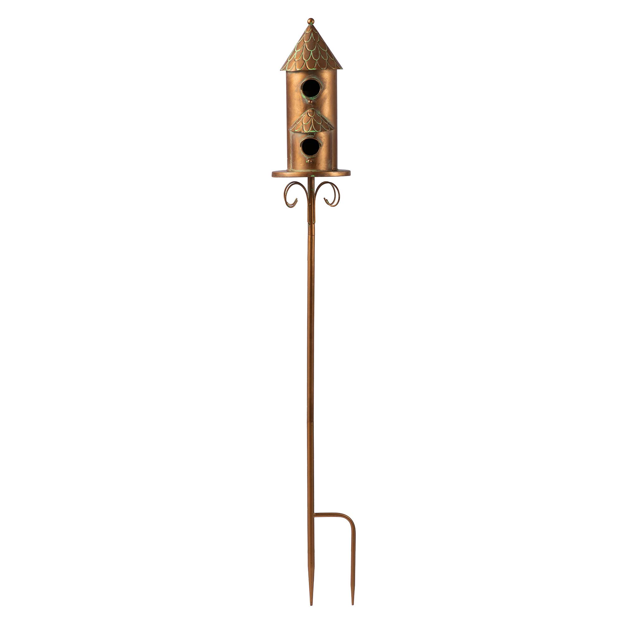 Glitzhome® 53" Farmhouse Faux Copper 2-Tiered Metal Garden Birdhouse with Stake